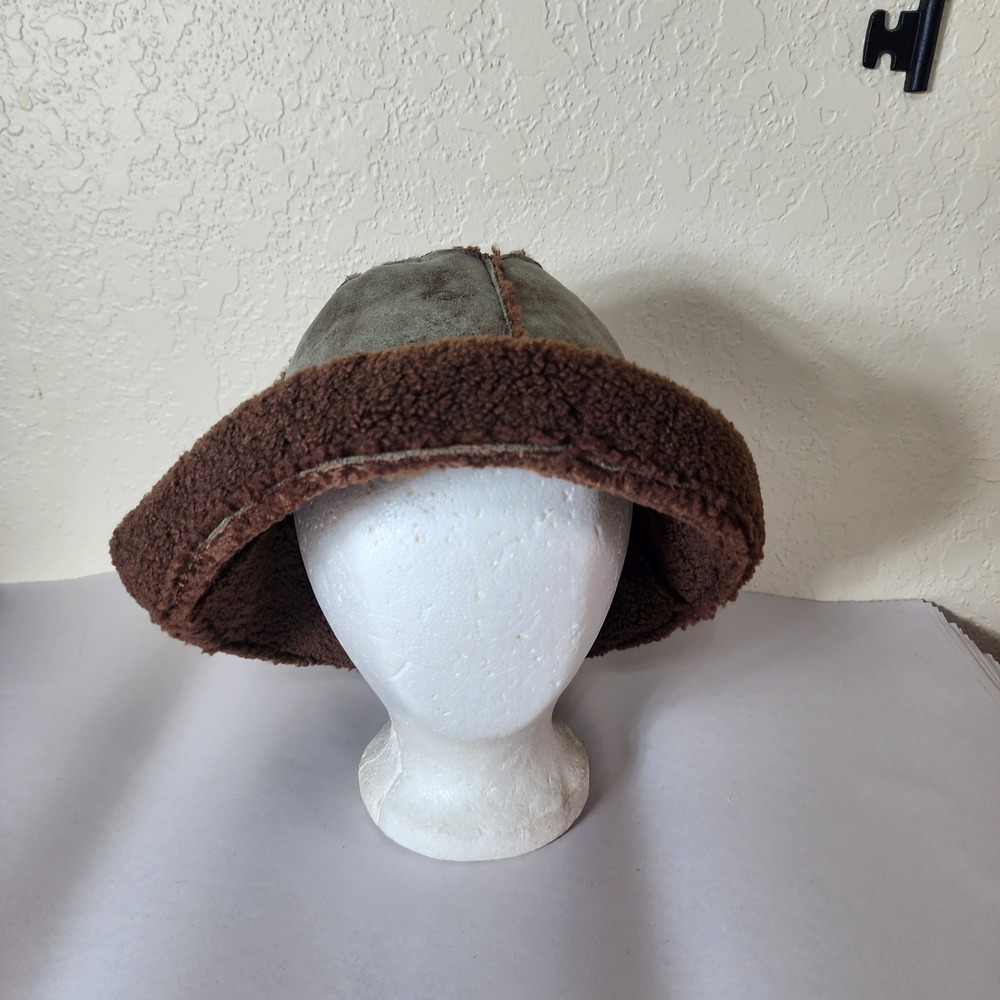 Wyeth Anthropologie Faux Shearling Bucket Hat Olive Brown Distressed Sherpa O/S
